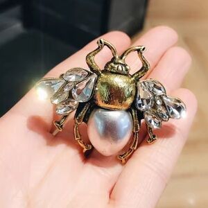 Vintage Gold  color Bee Brooch with Crystal Accents